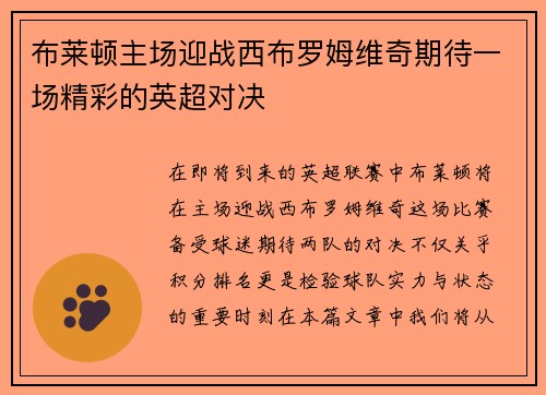布莱顿主场迎战西布罗姆维奇期待一场精彩的英超对决